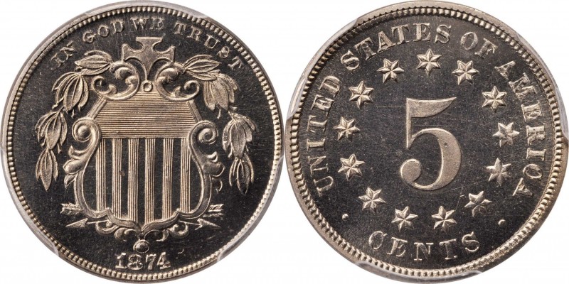 Shield Nickel
1874 Shield Nickel. Proof-65 Cameo (PCGS).
PCGS# 83828. NGC ID: ...