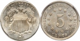 Shield Nickel
1874 Shield Nickel. Proof-64 (PCGS).
PCGS# 3828. NGC ID: 276R.
Estimate: $350