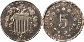Shield Nickel
1875 Shield Nickel. Proof-64 (PCGS).
PCGS# 3829. NGC ID: 276S.
From the Monterrey Collection.
Estimate: $280