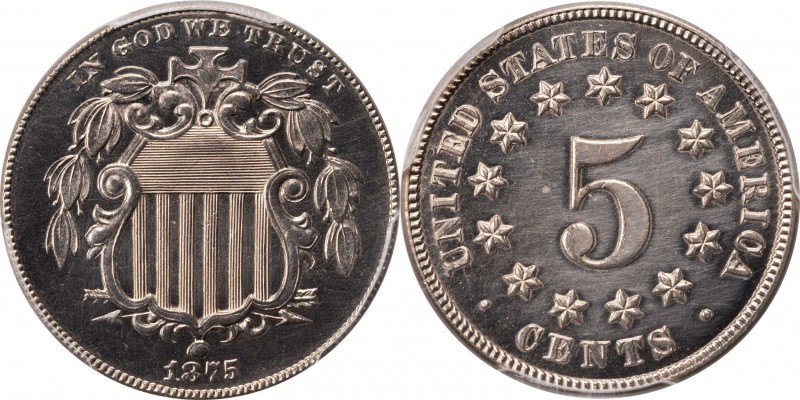 Shield Nickel
1875 Shield Nickel. Proof. Unc Details--Cleaned (PCGS).
PCGS# 38...