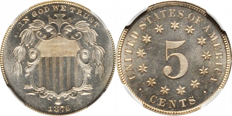 Shield Nickel
1876 Shield Nickel. Proof-64 Cameo (NGC).
PCGS# 83830. NGC ID: 2...