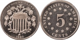 Shield Nickel
1880 Shield Nickel. Proof-66 Cameo (PCGS).
PCGS# 83835. NGC ID: 276W.
From the Monterrey Collection.
Estimate: $500