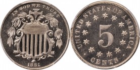 Shield Nickel
1881 Shield Nickel. Proof-66 (PCGS).
PCGS# 3836. NGC ID: 276X.
From the Monterrey Collection.
Estimate: $400