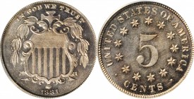 Shield Nickel
1881 Shield Nickel. Proof-64 (PCGS).
PCGS# 3836. NGC ID: 276X.
Estimate: $225