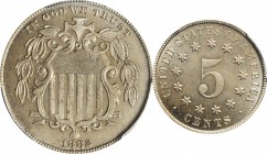 Shield Nickel
1882 Shield Nickel. Proof-64 (PCGS).
PCGS# 3837. NGC ID: 276Y.
Estimate: $300