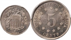 Shield Nickel
1883 Shield Nickel. MS-64 (PCGS).
PCGS# 3813. NGC ID: 22PE.
From the Monterrey Collection.
Estimate: $175