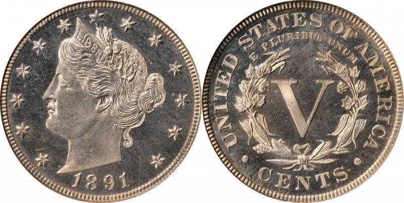 Liberty Head Nickel
1891 Liberty Head Nickel. Proof-64 Cameo (NGC).
PCGS# 8388...