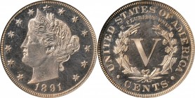 Liberty Head Nickel
1891 Liberty Head Nickel. Proof-64 Cameo (NGC).
PCGS# 83889. NGC ID: 277Z.
Estimate: $210