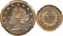 Liberty Head Nickel
1908 Liberty Head Nickel. Proof-65 (NGC).
PCGS# 3906. NGC ID: 278J.
Estimate: $300