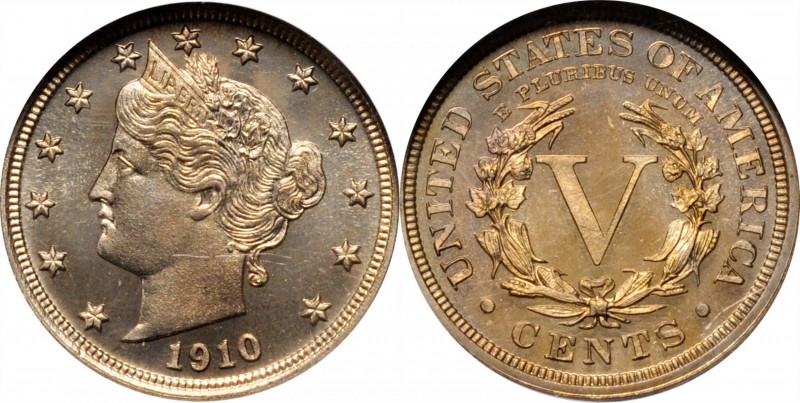 Liberty Head Nickel
1910 Liberty Head Nickel. Proof-66 Cameo (NGC).
PCGS# 8390...