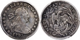 Draped Bust Half Dime
1797 Draped Bust Half Dime. LM-1. Rarity-3. 15 Stars. Fine Details--Repaired (PCGS).
PCGS# 4258. NGC ID: 22ZZ.
Estimate: $650