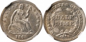 Liberty Seated Half Dime
1845 Liberty Seated Half Dime. MS-61 (NGC).
PCGS# 4335. NGC ID: 2337.
Estimate: $200