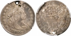 Draped Bust Dime
1805 Draped Bust Dime. JR-2. Rarity-1. 4 Berries. VF Details--Holed (PCGS).
PCGS# 4477. NGC ID: 236S.
Estimate: $500