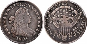 Draped Bust Dime
1805 Draped Bust Dime. JR-2. Rarity-1. 4 Berries. VF Details--Repaired (PCGS).
PCGS# 4477. NGC ID: 236S.
Estimate: $900