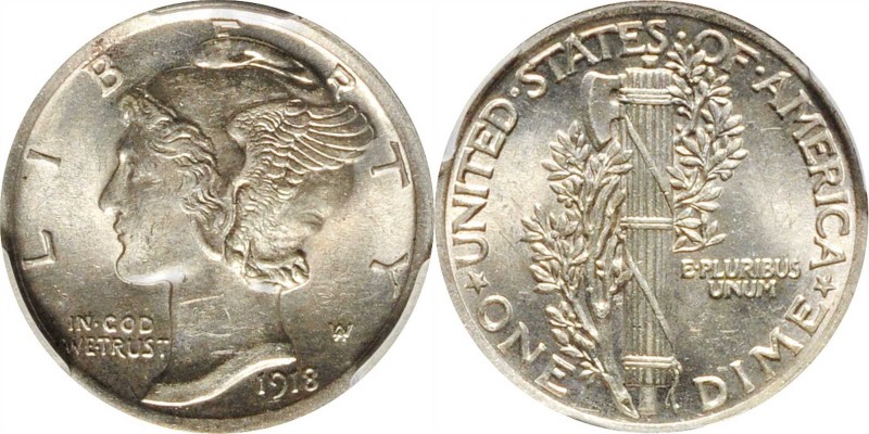 Mercury Dime
1918 Mercury Dime. MS-62 FB (PCGS).
PCGS# 4917. NGC ID: 23H5.
Es...