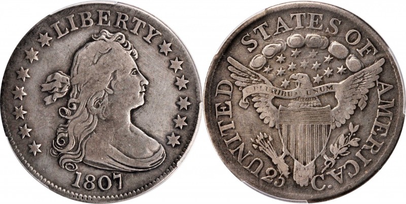 Draped Bust Quarter
1807 Draped Bust Quarter. B-1. Rarity-2. VF Details--Cleane...
