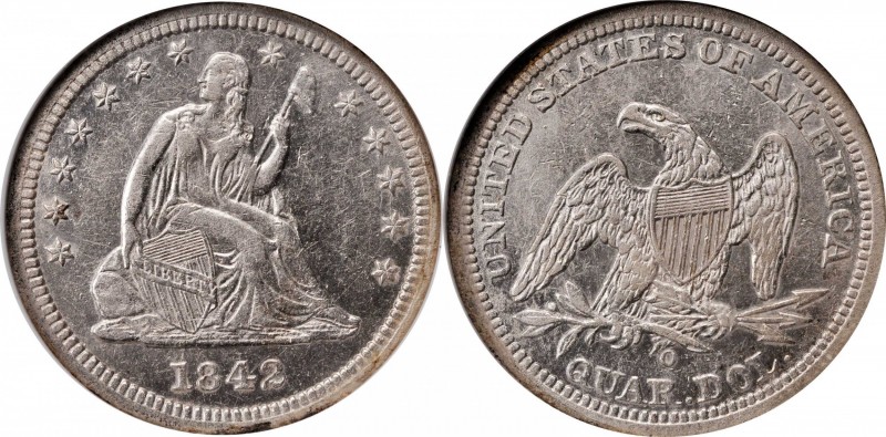 Liberty Seated Quarter
1842-O Liberty Seated Quarter. Large Date. Briggs 1-B. S...