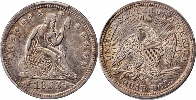 Liberty Seated Quarter
1853 Liberty Seated Quarter. Arrows and Rays. EF-45 (PCG...