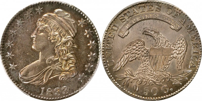 Capped Bust Half Dollar
1833 Capped Bust Half Dollar. O-110. Rarity-1. Unc Deta...
