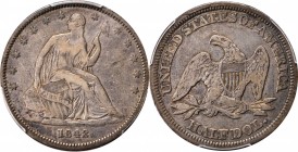 Liberty Seated Half Dollar
1842 Liberty Seated Half Dollar. WB-7. Small Date, Medium Letters (a.k.a. Reverse of 1842). Cud Over TAT. VF-25 (PCGS).
P...