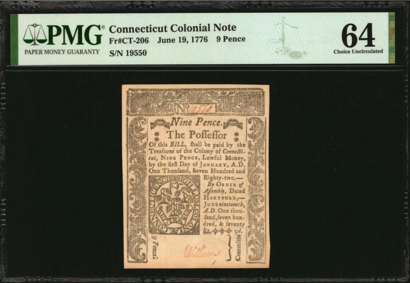 Colonial Notes
CT-206. Connecticut. June 19, 1776. 9 Pence. PMG Choice Uncircul...