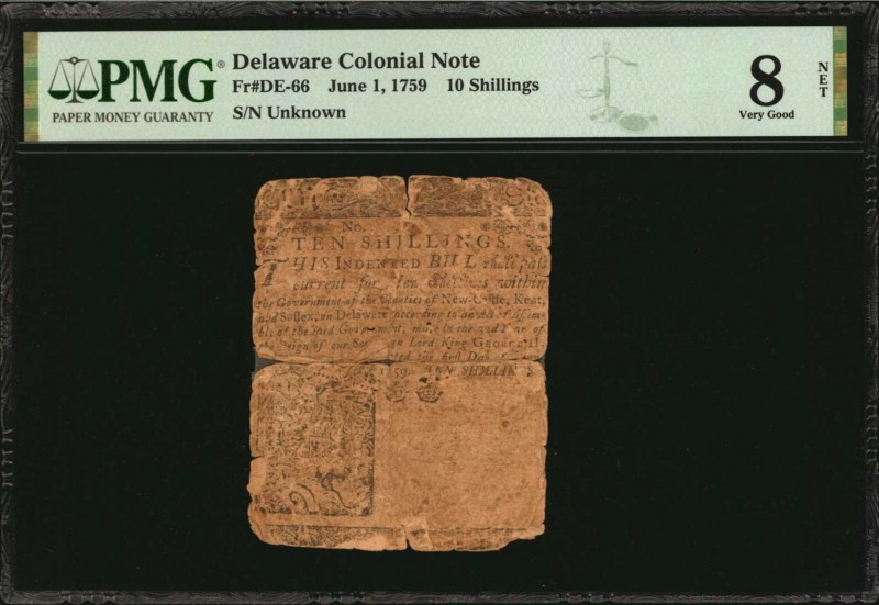 Colonial Notes
DE-66. Delaware. June 1, 1759. 10 Shillings. PMG Very Good 8 Net...