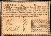 Colonial Notes
GA-62. Georgia. 1776. 1 Shilling 6 Pence. Very Fine.
A darkly inked 1776 Georgia note that displays bold penned signatures and mostly...