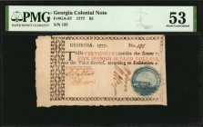 Colonial Notes
GA-87. Georgia. 1777. $5. PMG About Uncirculated 53.
No. 135. Four signatures. Sharply detailed blue cannon seal at lower left. This ...