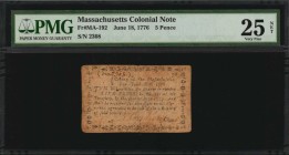 Colonial Notes
MA-192. Massachusetts. June 18, 1776. 5 Pence. PMG Very Fine 25 Net. Foreign Substance, Stained.
No. 2308. Signed by Hopkins. PMG not...