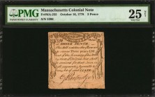 Colonial Notes
MA-255. Massachusetts. October 16, 1778. 3 Pence. PMG Very Fine 25 Net. Repaired.
No. 2396. Signed by Partridge. PMG notes "Repaired....