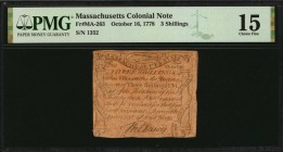 Colonial Notes
MA-263. Massachusetts. October 16, 1778. 3 Shillings. PMG Choice Fine 15.
No. 1352. Signed by Thomas Dawes. Codfish vignette at top o...