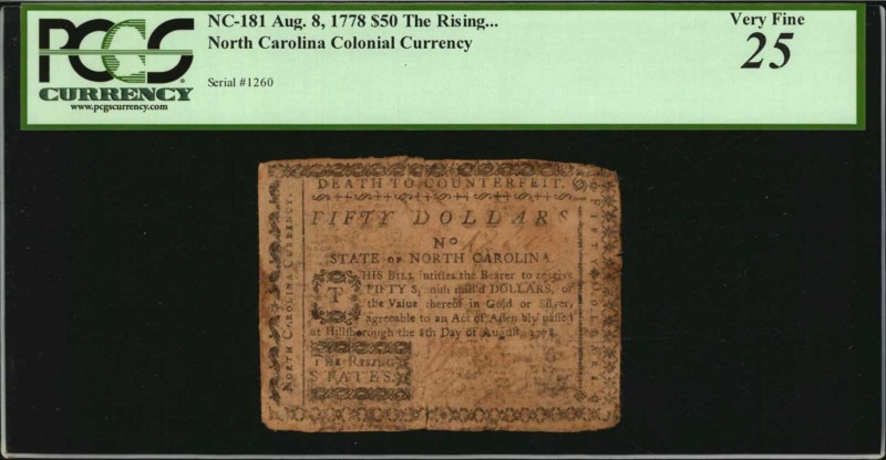 Colonial Notes
NC-181. North Carolina. August 8, 1778. $50. PCGS Currency Very ...