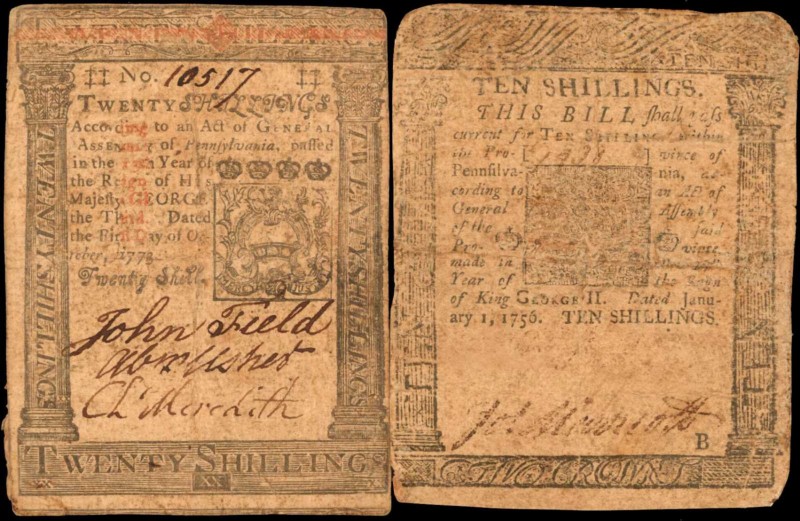 Colonial Notes
Lot of (2) PA-74 & PA-169. Pennsylvania. 1756 & 1773. 10 & 20 Sh...