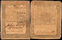 Colonial Notes
Lot of (2) PA-74 & PA-169. Pennsylvania. 1756 & 1773. 10 & 20 Shillings. Very Good to Fine.
Two Pennsylvania Colonials including a Be...