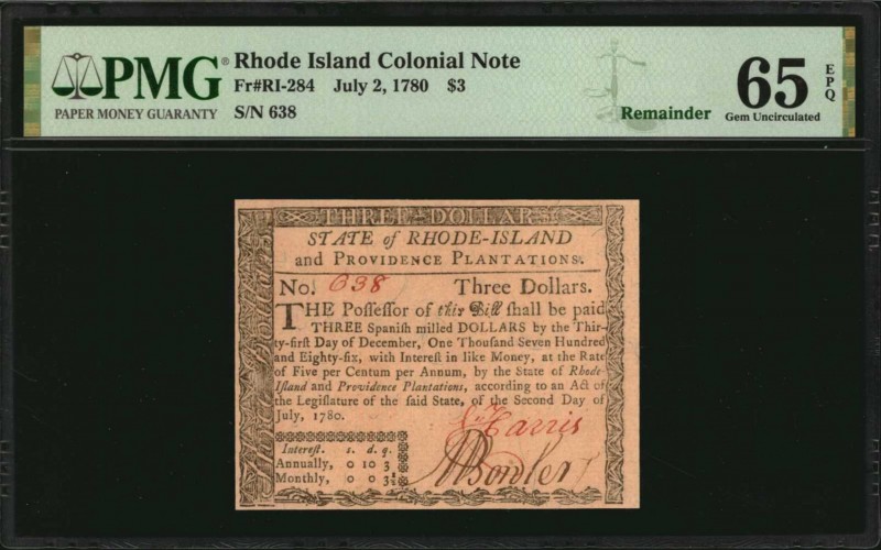 Colonial Notes
RI-284. Rhode Island. July 2, 1780. $3. PMG Gem Uncirculated 65 ...