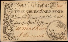 Colonial Notes
SC-146. South Carolina. April 1778. 3 Shillings 9 Pence. Very Fine.
No. 744. Two signatures. Full frame lines and sharply printed ink...