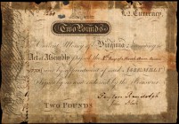 Colonial Notes
VA-68. Virginia. March 4, 1773. 2 Pounds. Very Good.
This is a darkly printed 1773 Virginia Two Pounds note that comes on thin bankno...