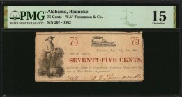 Alabama
Roanoke, Alabama. W.V. Thomason & Co. 1862 75 Cents. PMG Choice Fine 15.
Rosene-Unlisted. July 1, 1862. Steamer at top. Farmer at left. The ...