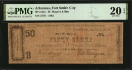 Arkansas
Fort Smith City, Arkansas. M. Mayer's & Bro. 1862 50 Cents. PMG Very Fine 20 EPQ.
The Mayer's brothers were druggists in Fort Smith and the...