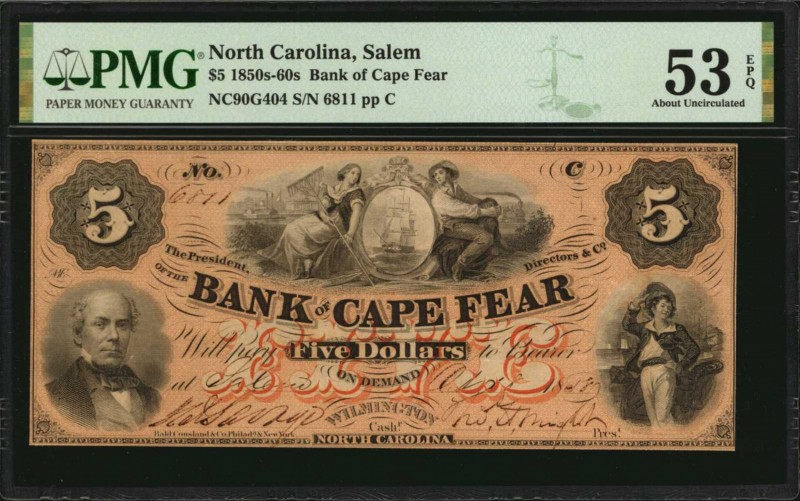 North Carolina
Salem, North Carolina. Bank of Cape Fear. 1850s-60s $5. PMG Abou...