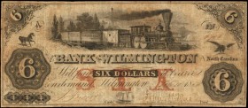 North Carolina
Wilmington, North Carolina. Bank of Wilmington. 1855. $6. Fine.
(NC-100 G6a). Danforth, Wright & Co., Philad. & New-York. Red protect...