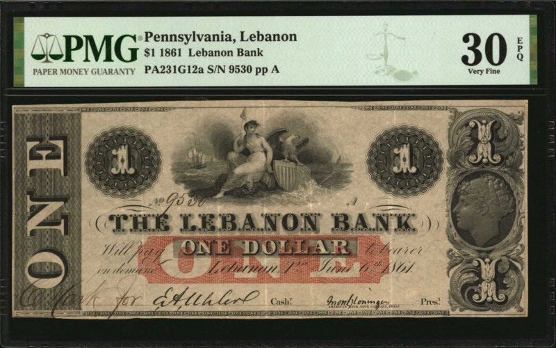 Pennsylvania
Lebanon, Pennsylvania. Lebanon Bank. 1861 $1. PMG Very Fine 30 EPQ...