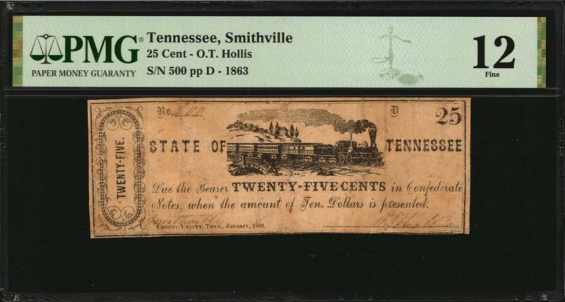 Tennessee
Smithville, Tennessee. O.T. Hollis. 1863 25 Cent. PMG Fine 12.
Unlis...