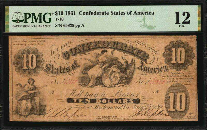 Confederate Currency
T-10. Confederate Currency. 1861 $10. PMG Fine 12.
No. 65...