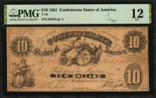 Confederate Currency
T-10. Confederate Currency. 1861 $10. PMG Fine 12.
No. 65838. Plate A. PF-11. Cr. 34. Fully framed. For the assigned Fine 12 gr...