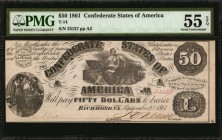 Confederate Currency
T-14. Confederate Currency. 1861 $50. PMG About Uncirculated 55 EPQ.
No. 33127. Plate A2. PF-8. Cr. 77. A handsome T-14 note th...