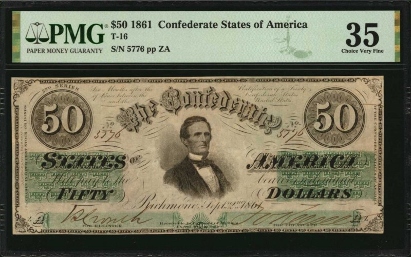 Confederate Currency
T-16. Confederate Currency. 1861 $50. PMG Choice Very Fine...