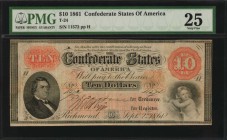 Confederate Currency
T-24. Confederate Currency. 1861 $10. PMG Very Fine 25.
No. 11572. Plate H. PF-1. Cr. 156. Leggett, Keatinge & Ball, Richmond, ...