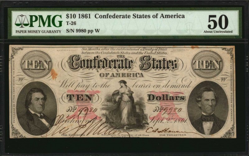Confederate Currency
T-26. Confederate Currency. 1861 $10. PMG About Uncirculat...