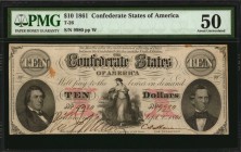 Confederate Currency
T-26. Confederate Currency. 1861 $10. PMG About Uncirculated 50.
No. 9980. Plate W. PF-2. Cr. 213. Keatinge & Ball, Richmond, V...